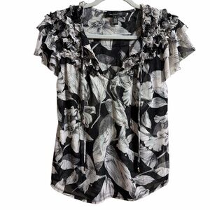 White House Black Market Floral Ruffle Black & White Women Small Top